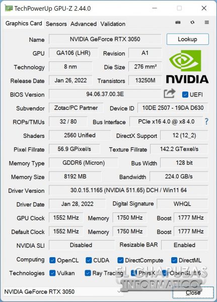 Zotac GeForce RTX 3050 Twin Edge - CPU-Z