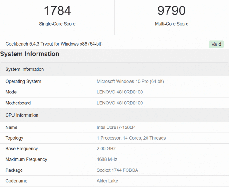 Intel Core i7-1280P su Geekbench