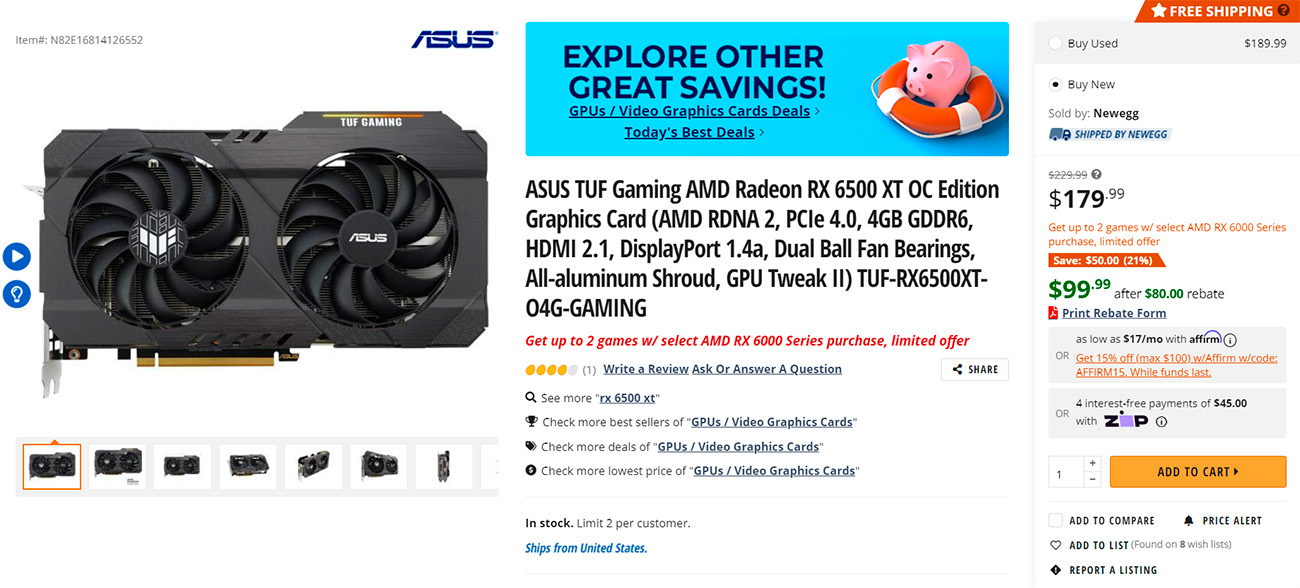 ASUS TUF Gaming Radeon RX 6500 XT prezzo ridotto