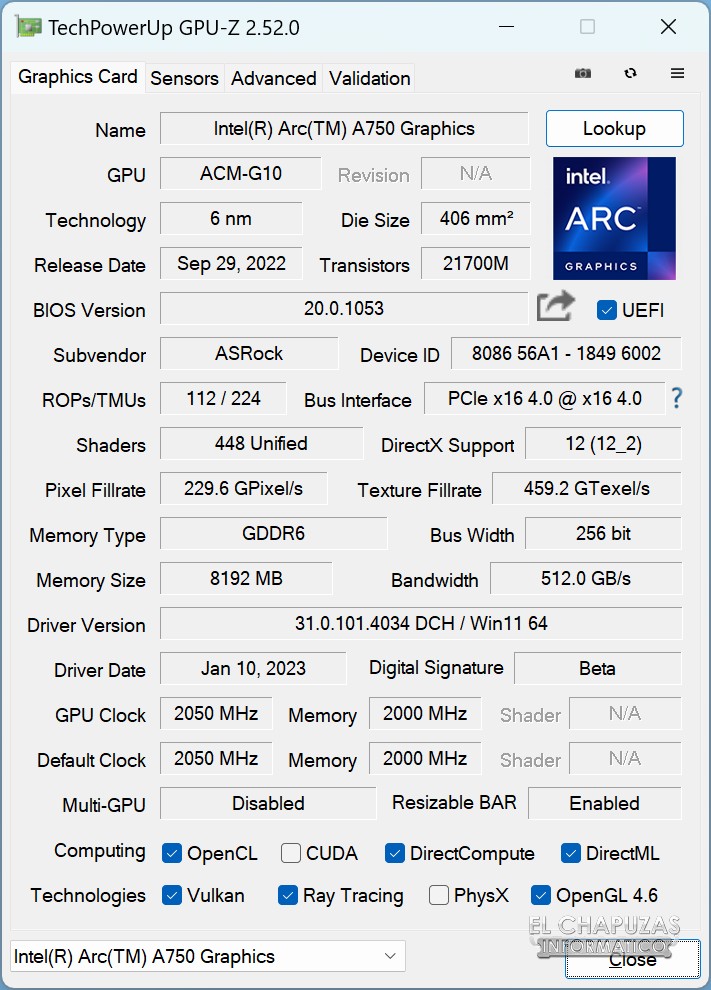 ASRock Intel Arc A750 Challenger D 8GB OC 20 20