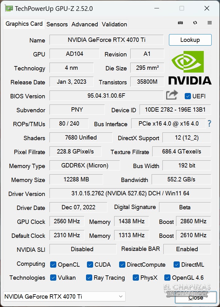 PNY GeForce RTX 4070 Ti XLR8 Gaming - GPU-Z OC