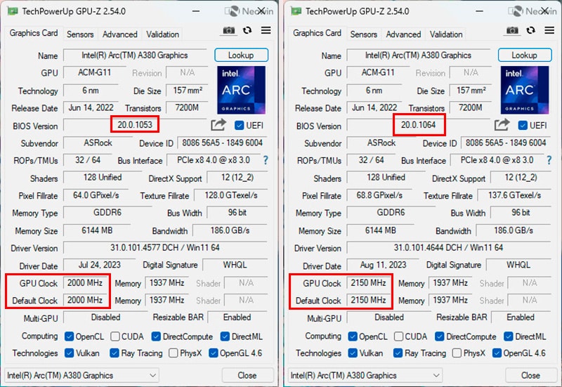 BIOS Intel Arc A380 20.0.1064 rispetto a 20.0.1053